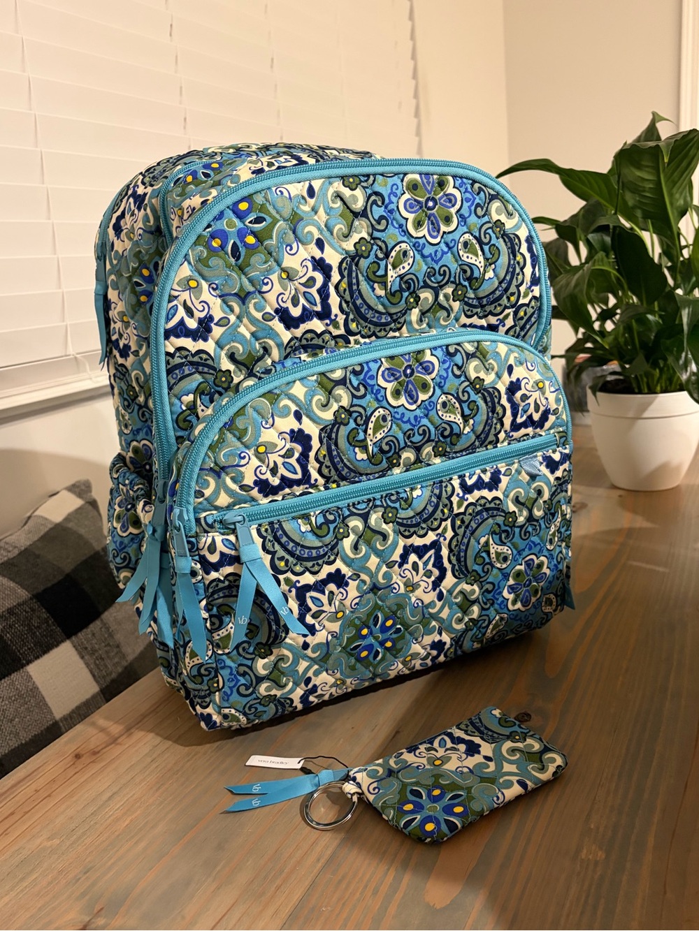 NWT Vera Bradley XL Backpack + Zip ID Pouch SET ~ Extra Large Blue Cotton